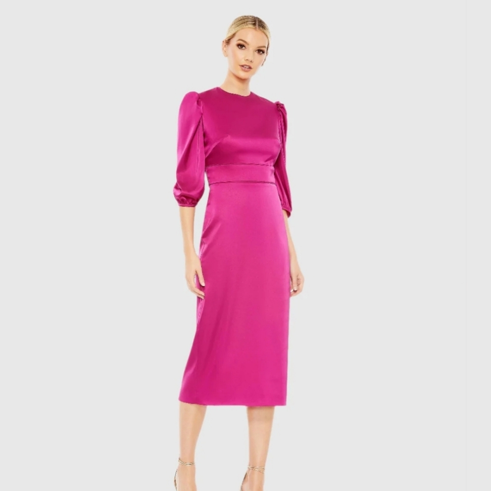 Mac Duggal Fuchsia Midi Dress with Puff Sleeves